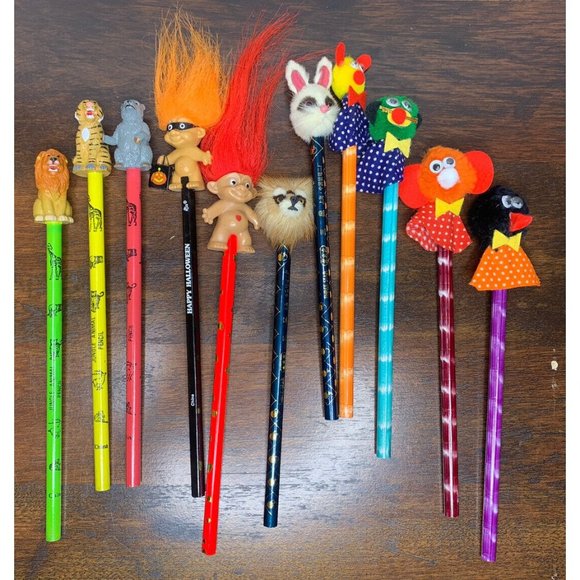 Vintage Pencils w/Toppers lot of 11 Russ Three Star Swallow Troll Animals NEW - Picture 1 of 14